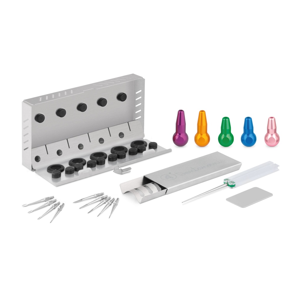 Zestaw DENTANOMIC - Mixed Gold, składający się z 3 krótkich uchwytów (zielony, niebieski i różowy) + 2 długich uchwytów (fioletowy, pomarańczowy) + zestaw ostrzy Elevator i Luxator (9 sztuk) + stojak do przechowywania + zestaw do szlifowania + pojemnik do sterylizacji