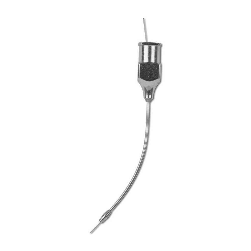 Cannula sacca anale 1,0 mm, curva,  in acciaio inossidabile, con cono Luer,  con bottone