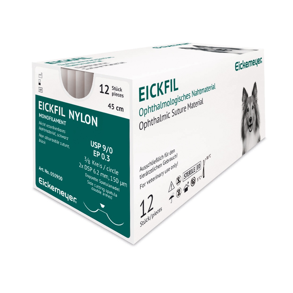 EickFil Nylon, USP 9/0, EP 0.3, 3/8 cerchio, 2xDSP 6,2mm 150µm, ago doppia spatola, nero, L 45 cm,