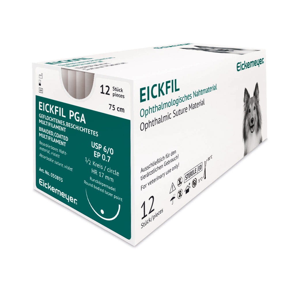 EickFil PGA, USP 6/0, EP 0.7, 1/2 cerchio, HR 17 mm, ago tondo, L. 75 cm, viola, conf. da 12 pz