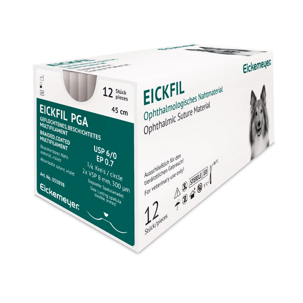 EickFil PGA, USP 6/0, EP 0.7, 1/4 cerchio, x VSP 8 mm 300 µm, Ago doppia spatola, viola, L 45 cm,