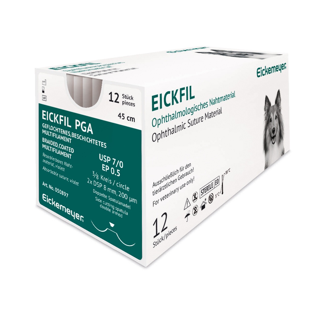 EickFil PGA, USP 7/0, EP 0.5, 3/8 cerchio, 2 x DSP 8 mm 200 µm, ago doppia spatola, viola, L 45 cm,