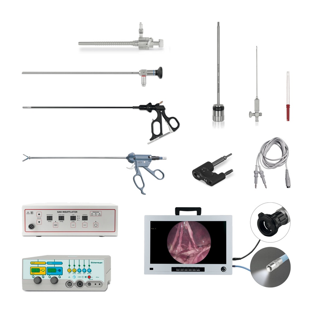 Set laparoscopia composto da 10 pz: Monitor HD 21", Endoscopio rigido 30° (305004) cannula verres (305002),