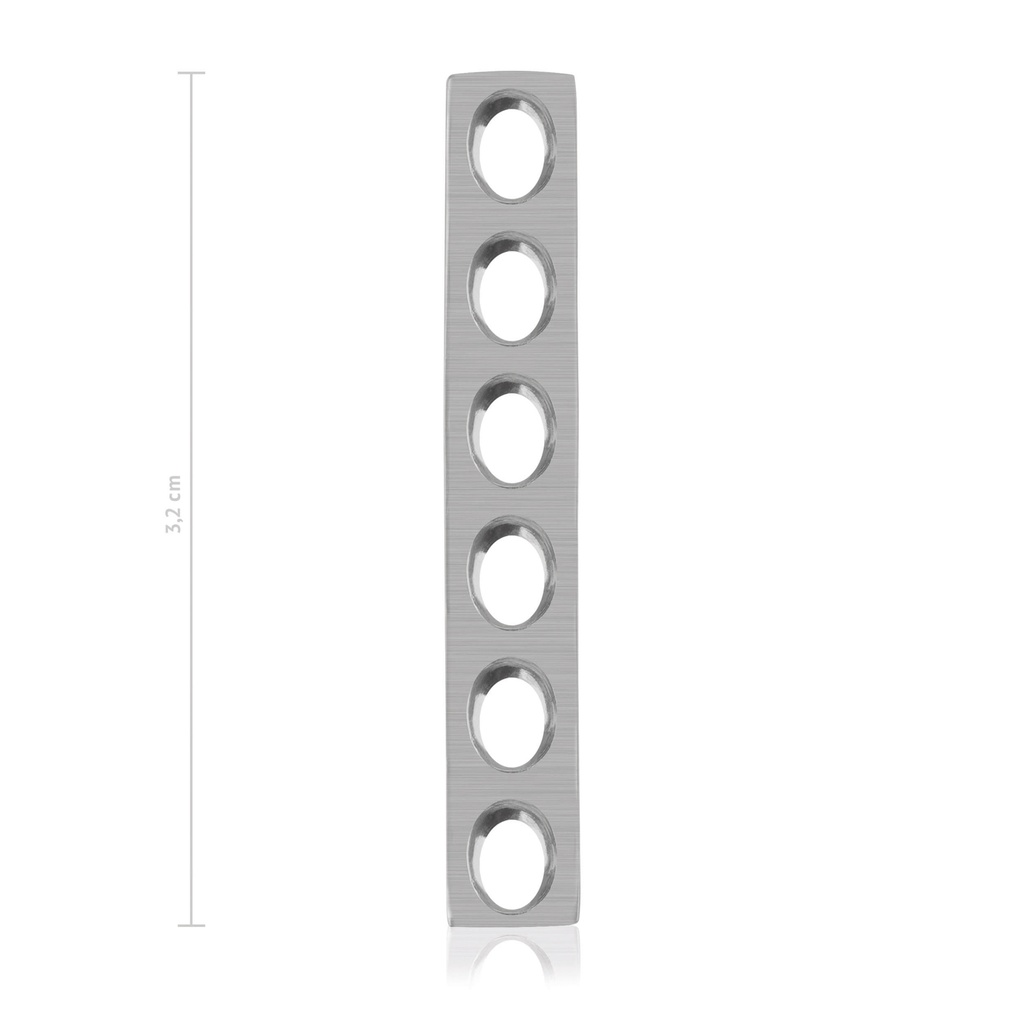 Mini placca 6 fori, lunghezza 32 mm larghezza 5 mm, spessore 1 mm per viti con diametro 1,5 mm e 2,0 mm