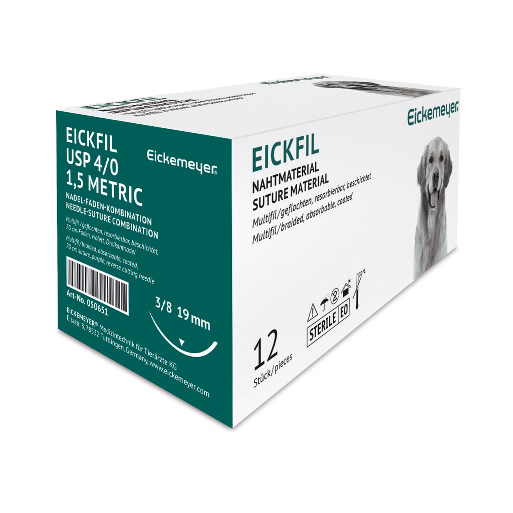 Sutura EICKFIL, sintetica, riassorbibile, ago triangolare 19 mm, 4/0 (1,5) 70 cm, cf da 12 pz