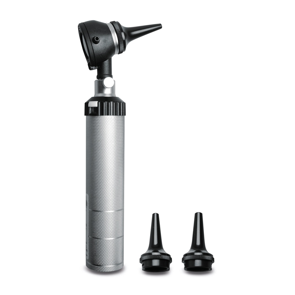 Kit otoscopio economico, composto di: manico con 2 batterie testina con lente ingr., 3 speculum.