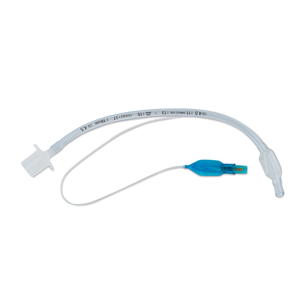 Tubo endotracheale in plastica diametro int. 5,5 mm, lungh. 24 cm, diametro est. 7,3 mm, con cuffia